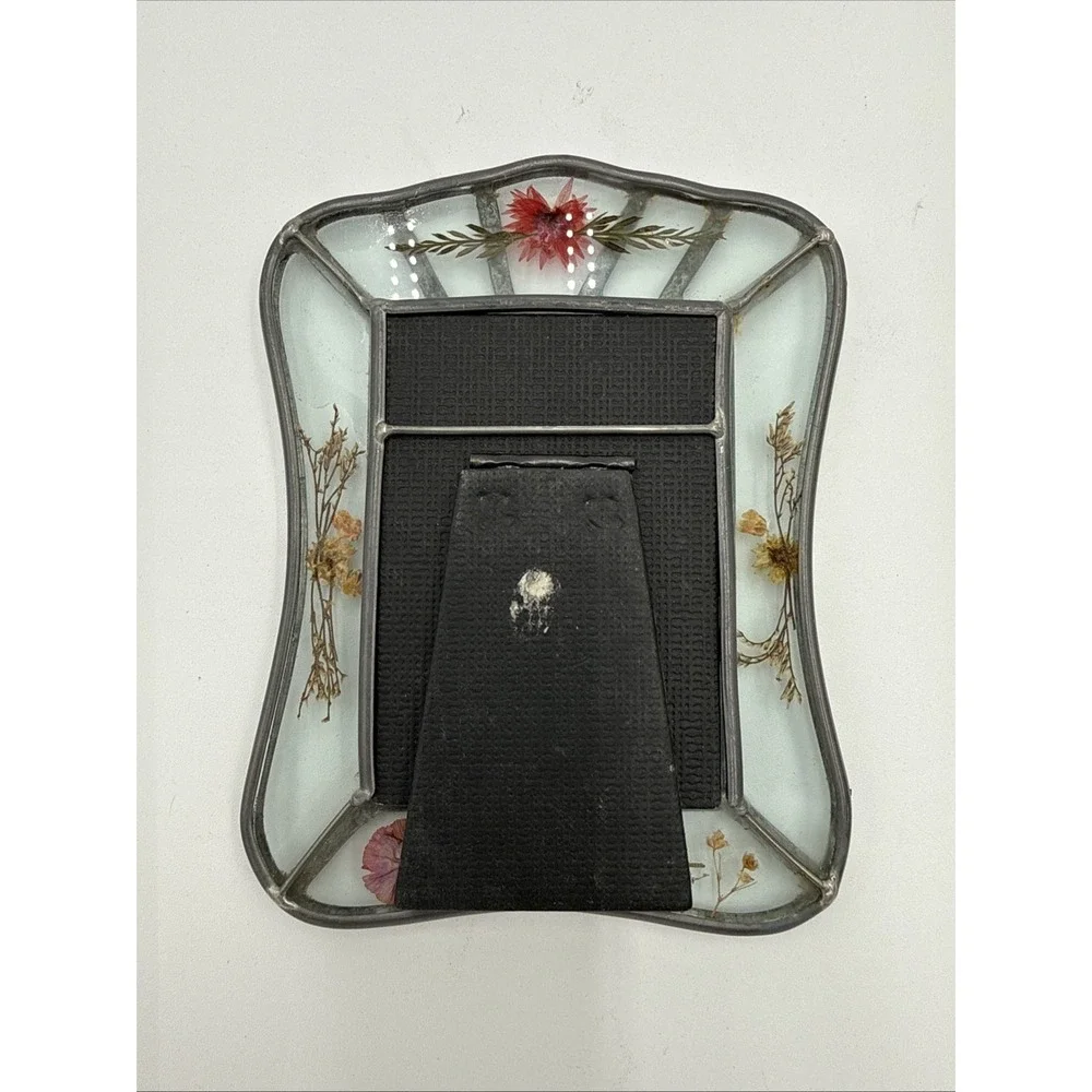 Vintage 1980s Pressed Flower Glass Frame‎ Pewter Tone Picture Frame Cottagecore